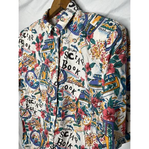 Camp Shirt Hawaii Vacay Scrap Book Travel Print Button Up Size M Vintage 1980s - Picture 1 of 10